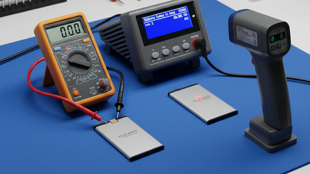 Professional battery testing equipment showing multimeter and load testing setup